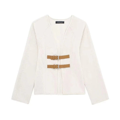 Chaqueta de Lana Blanca Vintage con Hebilla para Mujer -Saphira™